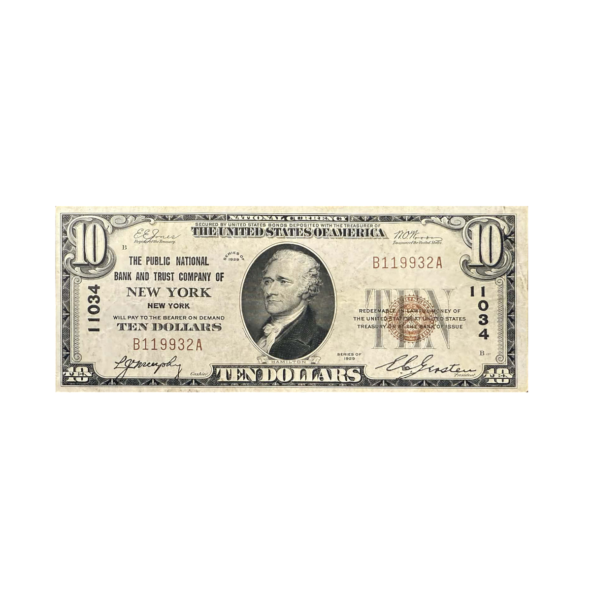 1929 $10 National Bank Note Brown Seal VF-XF