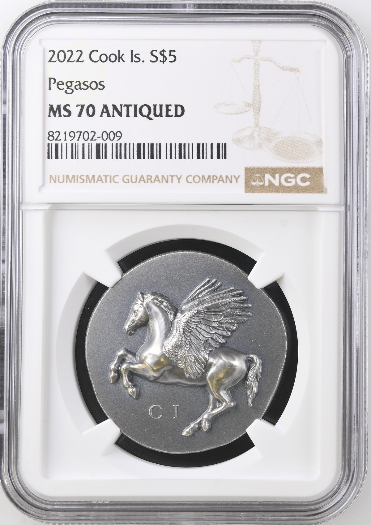 2022 SILVER $5 COOK ISLANDS PEGASOS MS 70 ANTIQUED
