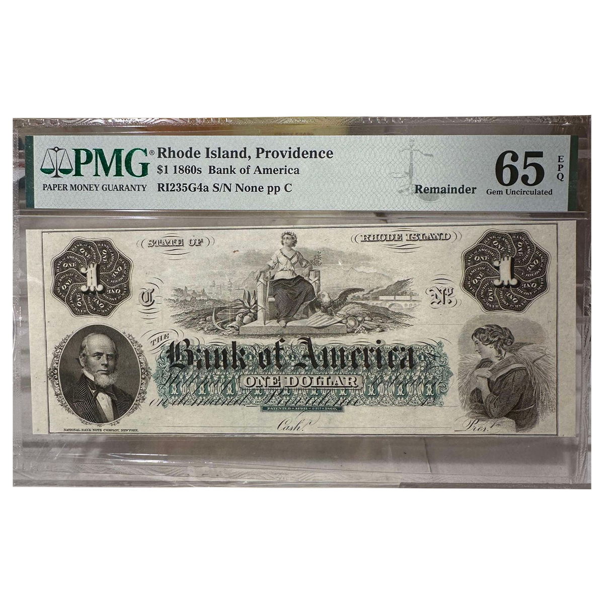 1860 $1 Bank of America Rhode Island Remainder Note - PMG 65 GEM Uncirculated