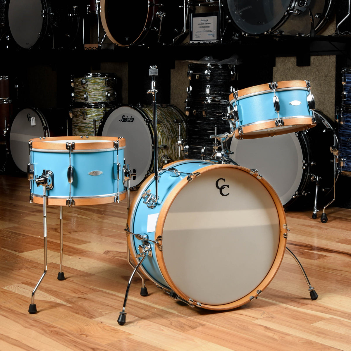 C&C Super Flyer 12/14/20 3pc. Drum Kit Tweedy Blue Satin w/Aged Maple Hoops