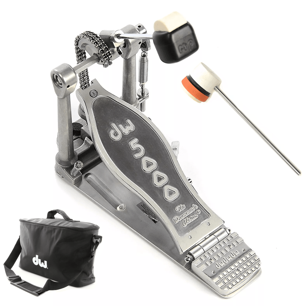 DW 5000 Modern Retro Turbo Single Bass Drum Pedal Bundle w/Bag & Low Boy Lightweight Felt Daddy White/Orange/Black Stripe CDE Logo Beater