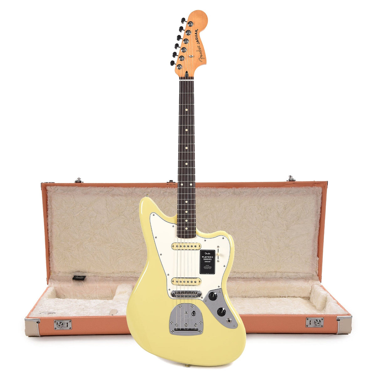 Fender Player II Jaguar RW Hialeah Yellow and Pacific Peach Hardshell Case Bundle