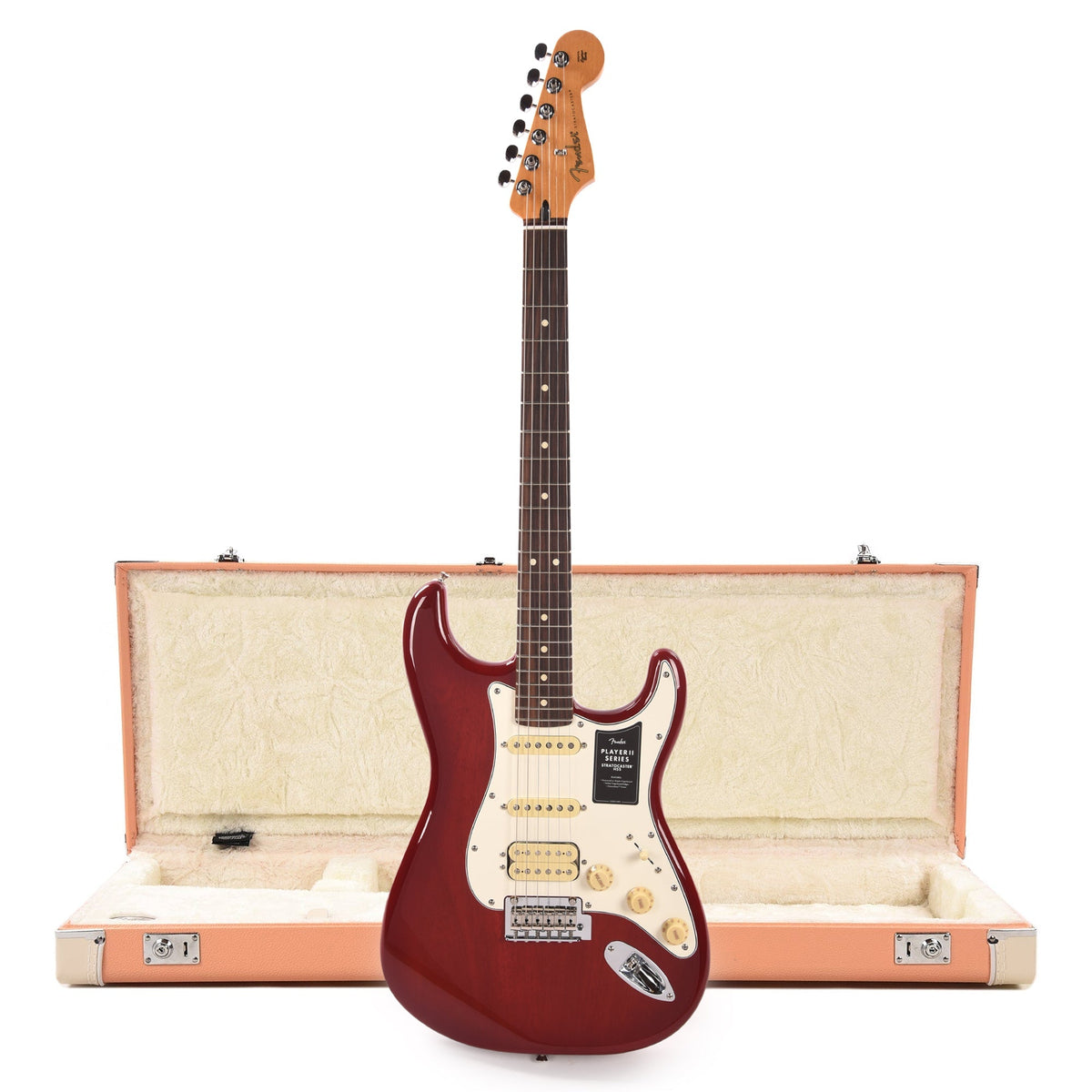 Fender Player II Stratocaster HSS RW Transparent Cherry Burst and Pacific Peach Hardshell Case Bundle