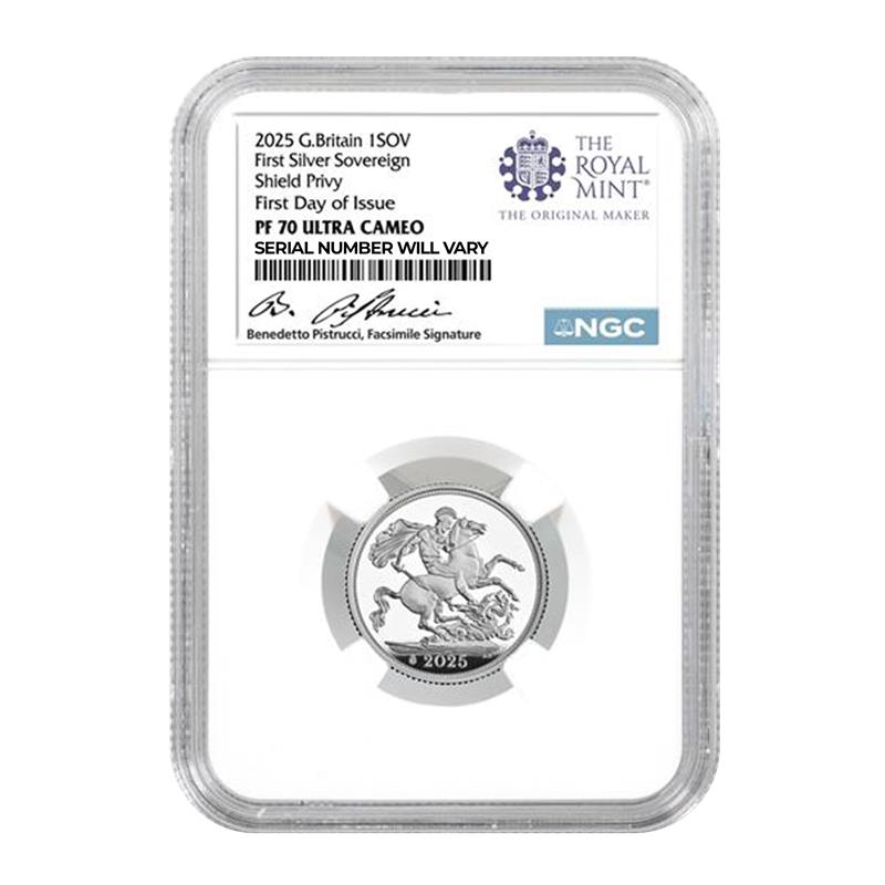 2025 Great Britain First Silver Sovereign Shield Privy - NGC PF70 FDI Benedotto Pistrucci Facsimile Sign