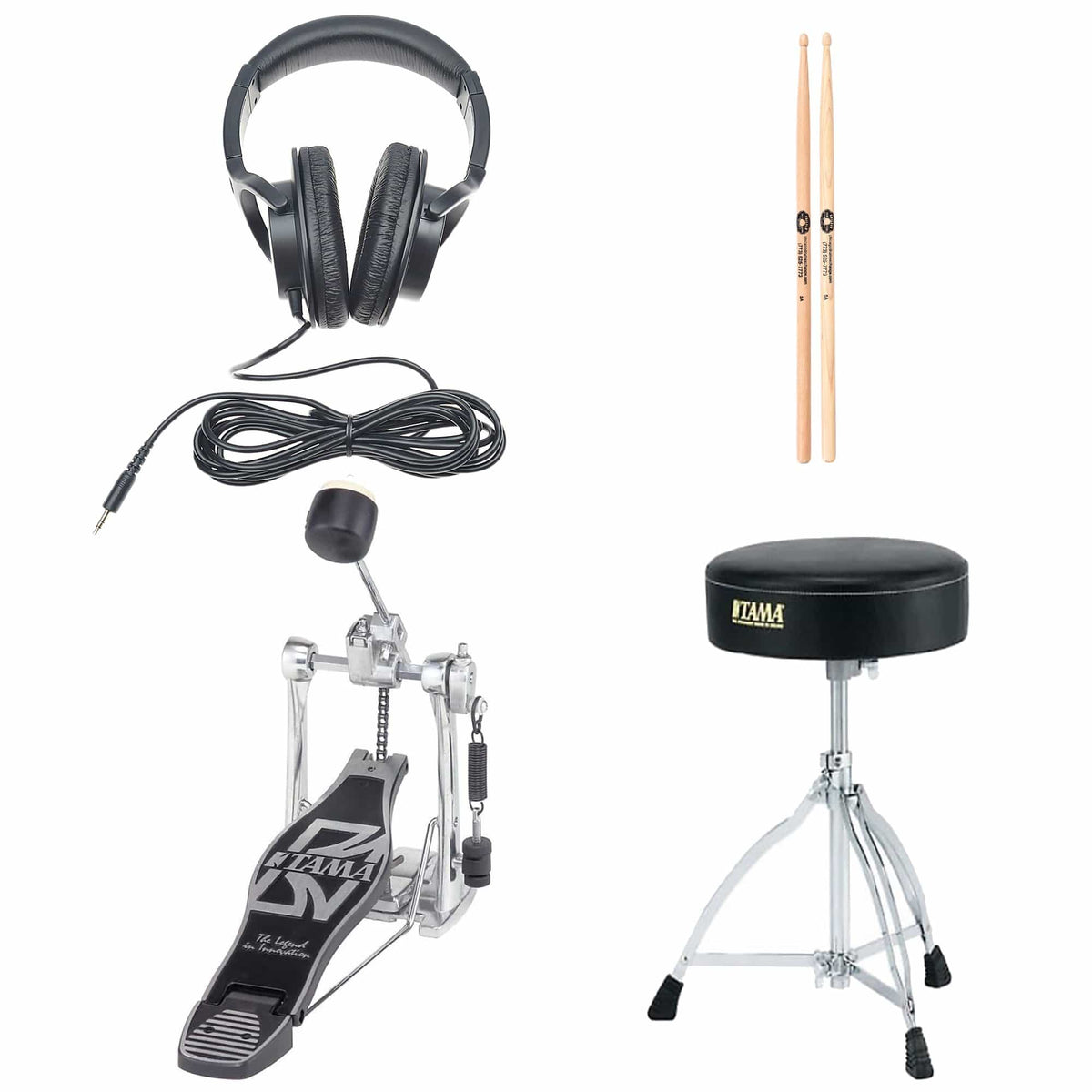 Roland RH-5 Headphones, Pedal, Throne & Sticks Electronic Drum Accessory Bundle