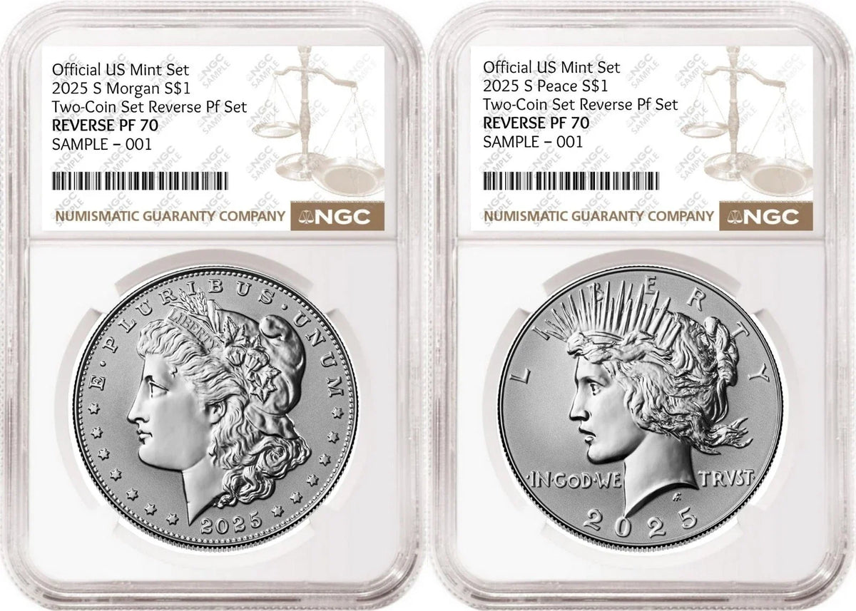 2 Coin Set 2025 Morgan and Peace Reverse Proof Silver Dollars NGC RP 70 Brown
