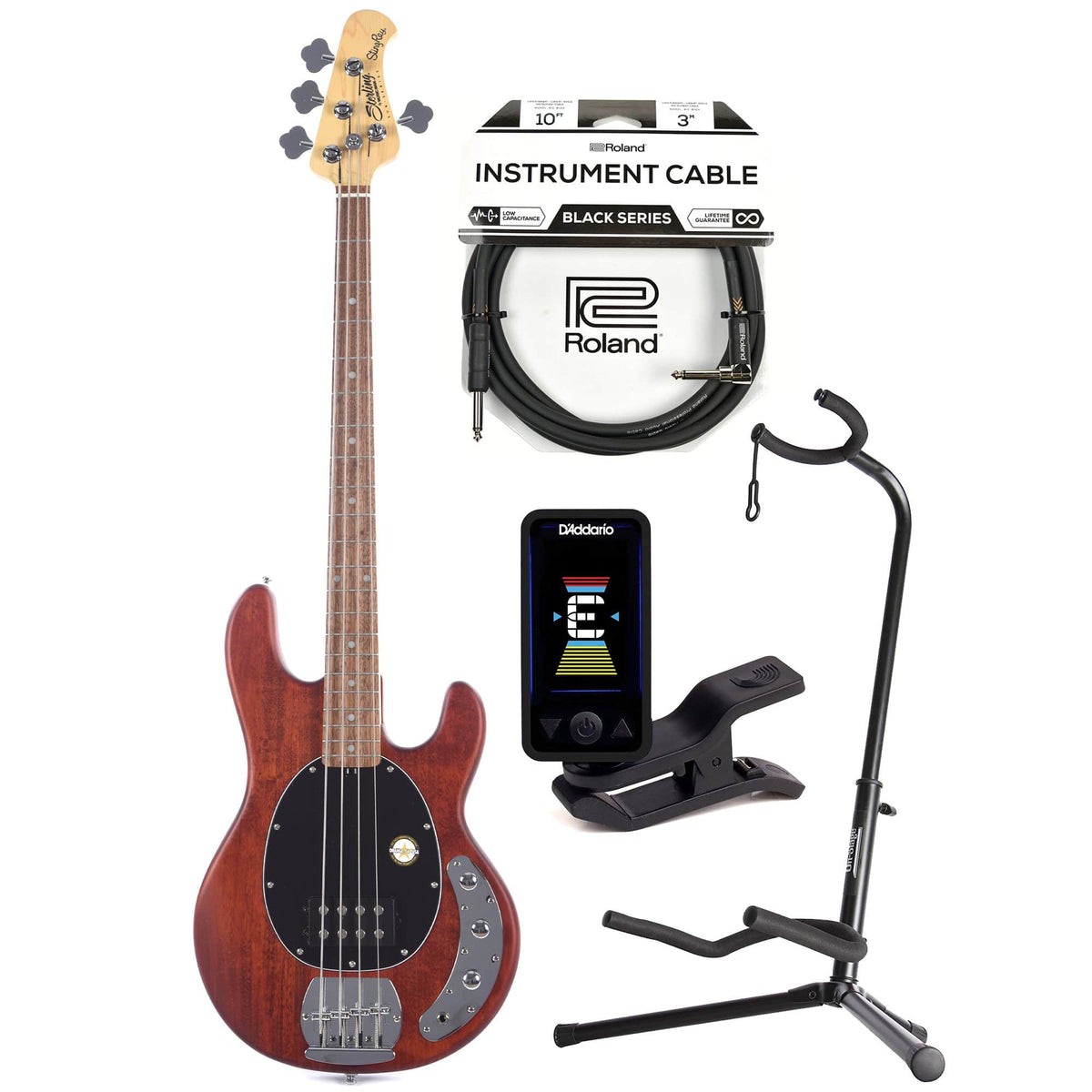Sterling by Music Man S.U.B. Series StingRay Walnut Satin w/Guitar Stand, Tuner and 10' Cable Bundle