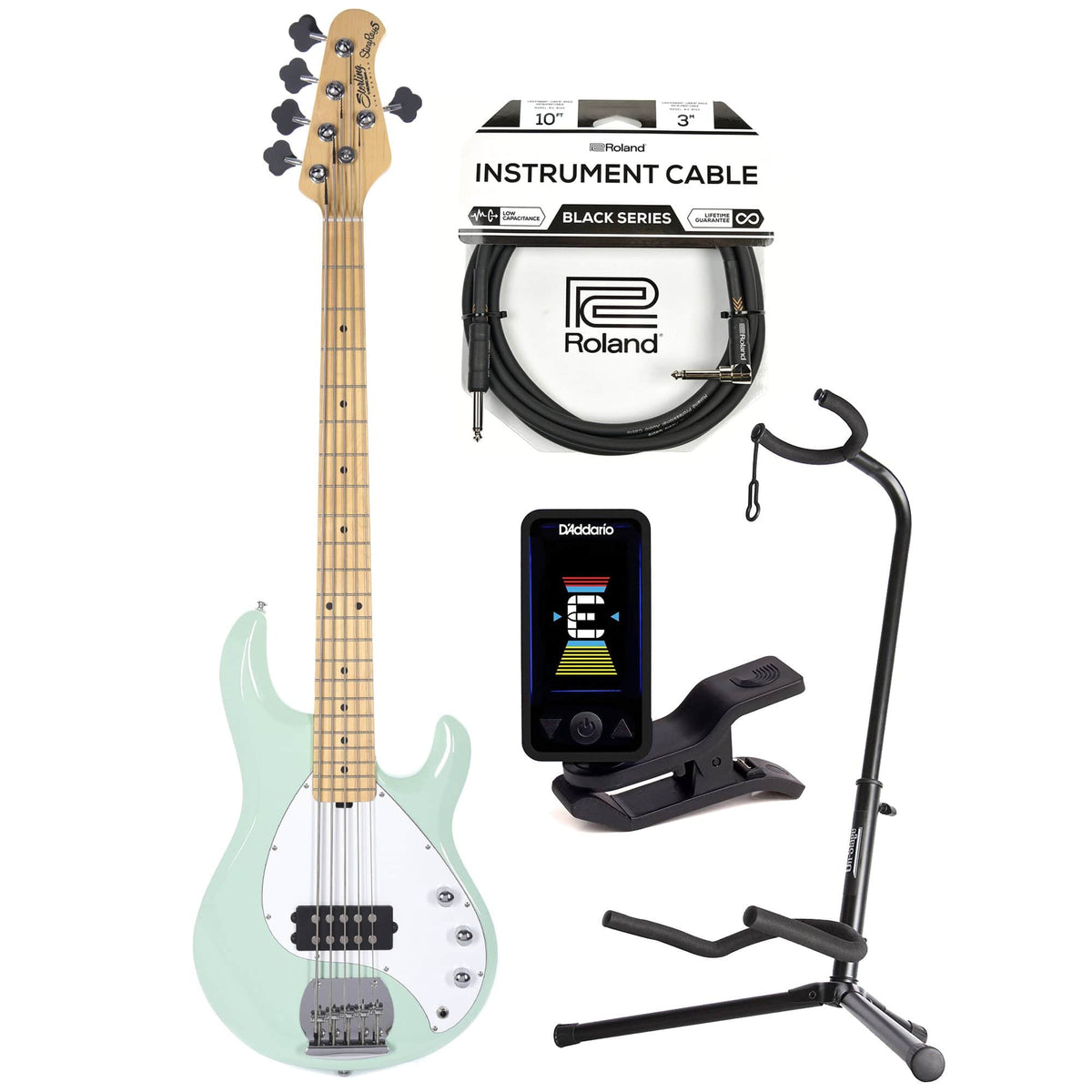 Sterling by Music Man S.U.B. Series StingRay5 5-String Mint Green w/Guitar Stand, Tuner and 10' Cable Bundle