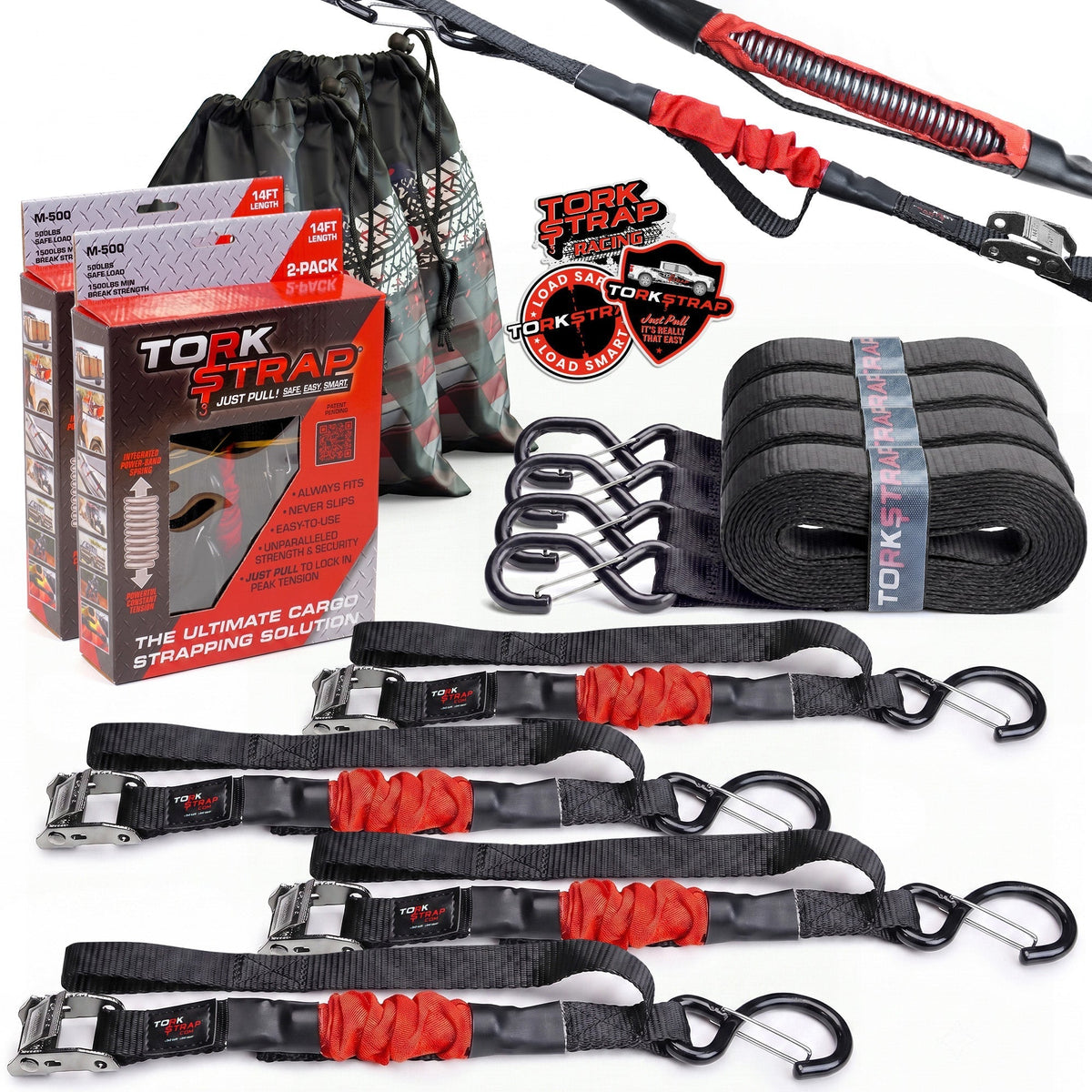TorkStrap M500 | 14'x1'' Spring Loaded Tie Down Straps - 1500lbs Max Load (2 Pack)